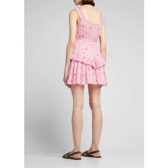 LOVESHACKFANCY | Norelli Smocked Ruffle Floral Pink Mini Dress Women’s Size L - Picture 3 of 12